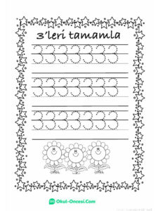 Okul öncesi çocuklar için 3 rakamı çalışma sayfası