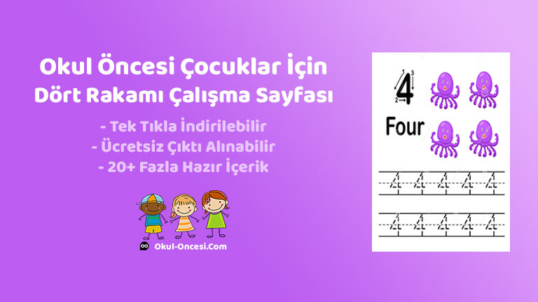 Okul öncesi çocuklar için 4 rakamını öğrenmeye yönelik dört rakamı çalışma sayfası